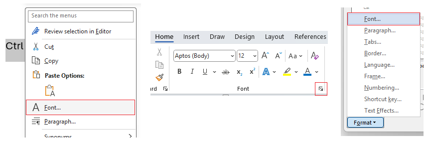 Different ways to open the Font options menus